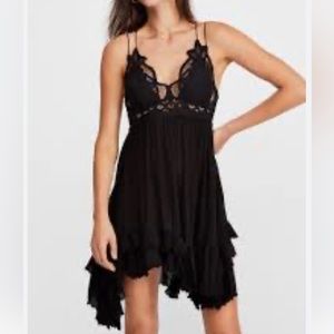 Free People One Adell Slip Dress Crochet Lace Tiered Hem Black Size Small